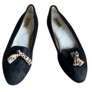 Birdies Blackbird Black Suede Leather /  Faux Fur Insole / Cheetah  Tassel Sz 9